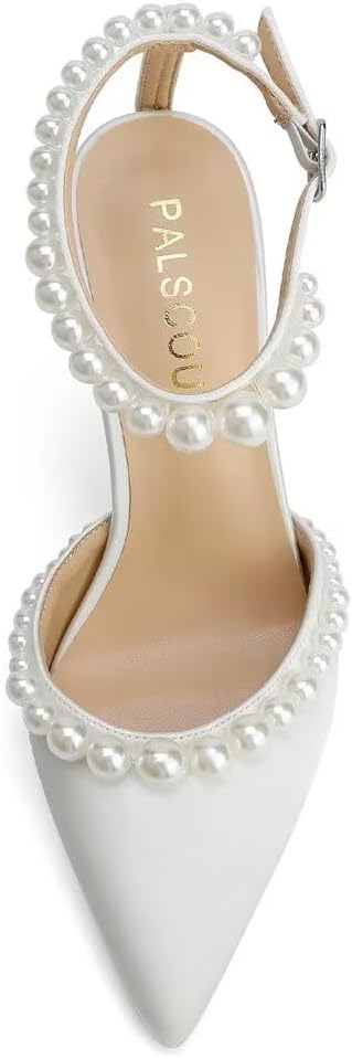 High Heel Wedding Shoes for Bride Pointed Toe Bridal Shoes Pearl Heels Ankle Strap Wedding Pumps - Image 2