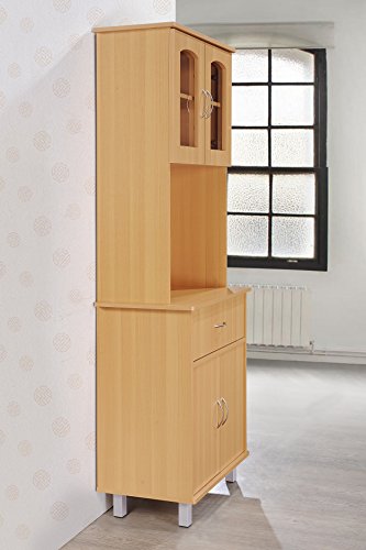 Hodedah Import Long Standing Kitchen Cabinet With Top & Bottom Enclosed Cabinet Space, One Drawer, Large Open Space For Microwave, Beech #TOP2