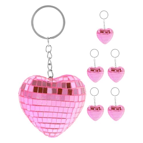 LUOZZY 6 Pcs Mirror Disco Ball Keychains Heart Shaped Disco Ball Keychain Mini Disco Ball Ornaments for Bag Backpack Hanging Charms (Pink)