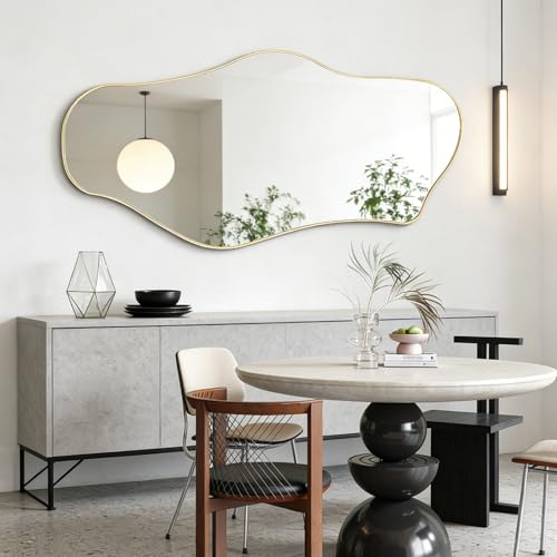 DAOYIJIAJU Large Irregular Mirror, 55"x25.6" Asymmetrical Aesthetic Mirror with Gold Metal Frame, Modern Organic Mirrors for Living Room Bedroom Hallway Entryway, Horizontal or Vertical Hanging