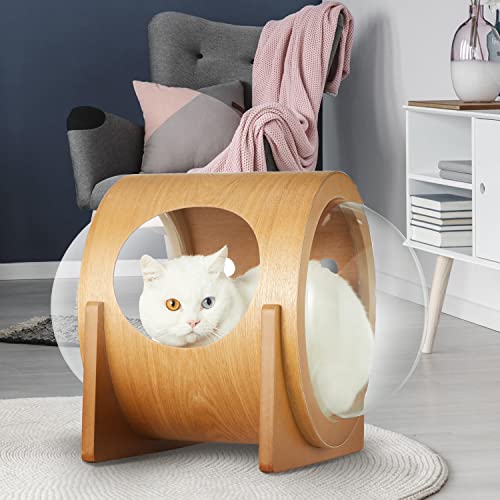 Yoleny Wooden Cat Bed Capsule, Spaceship Modern Cat Bed With Acrylic Dome, Large Transparent Capsule Indoor Cat House, Covered Cat Beds & Furniture #TOP1