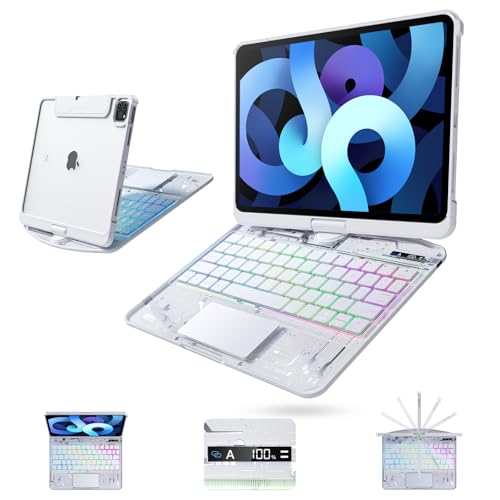 Image of Clear Keyboard Case for iPad Air 11 Inch (M4 /M3 /M2, 2026 /2025 /2024) / iPad Air 5th /4th Generation 10.9 inch / iPad Pro 11 inch 1st /2nd /3rd /4th, Trackpad, Pencil Holder, 7-Color Backlit, Rotatable,White