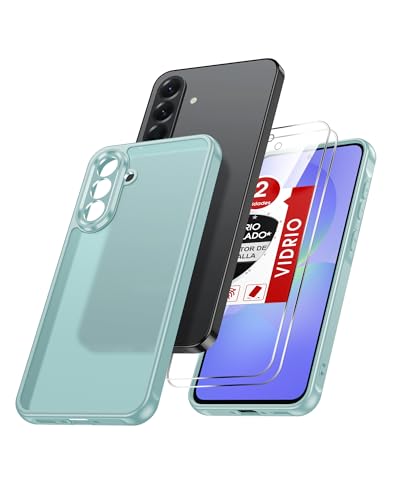 LeYi Funda Mate para Samsung Galaxy A56/A 56 5G[NO Compatible con MagSafe] con 2 PCs Cristal Templado, Movil Carcasa Antigolpes Antihuellas y Protector de Cámara, Verde Menta