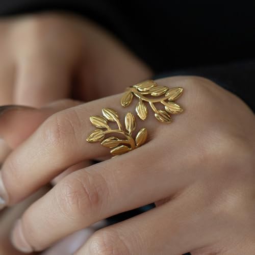 Women Ring, Stainless Steel Double Layer Leaf 18K Titanium Steel Adjustable Opening Ring Ring, Specially Designed for Fashionable Women, Suitable for - Various Festival Party Jewelry Gifts3