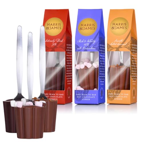 Harris & James Hot Chocolate Stirrers - Variety Pack of 3. Salted Caramel, Dark & Milk Chocolate with Marshmallows. Gift Set