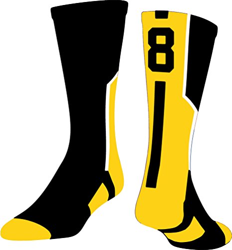 TCK Player Id Number Crew Sock (SINGLE SOCK) - Black/Gold/White (Large, 8)
