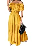 ZICUE Mujer Vestido De Verano Renacentista con Volantes Y Cintura Fruncida Vestido Largo De Verano con Volantes Y Sin Hombros Amarillo L