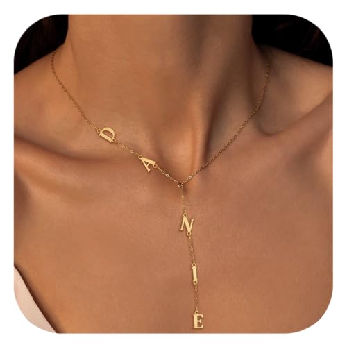 Xianofu Lariat Name Necklace for Women, Personalized 18K Gold Long