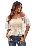 SweatyRocks Women's Off Shoulder Ruched Mesh Short Sleeve Ruffle Peplum Crop Blouse Top Beige M