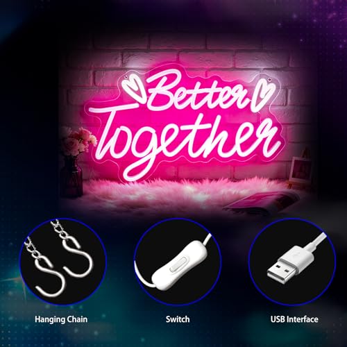 Image of Better Together Neon Sign, Neon Signs for Wall Decor Neon LED Signs Room Neon Light Up Signs Home Decor for Bedroom Club Party Bar Shop USB Operated