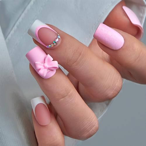 CurvLife Medium Square French Tip Press On Nails, Pink Fairy, Soft Gel