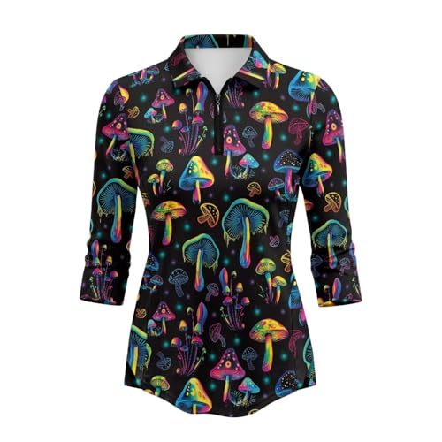TODIYADDU Mushroom 3/4 Sleeve Golf Tops for Women Y2k Polo Shirts Collared Neck Pullover Running Tennis Top Casual Work Comfy Outfits Dressy Shirt 2025 Trendy, S