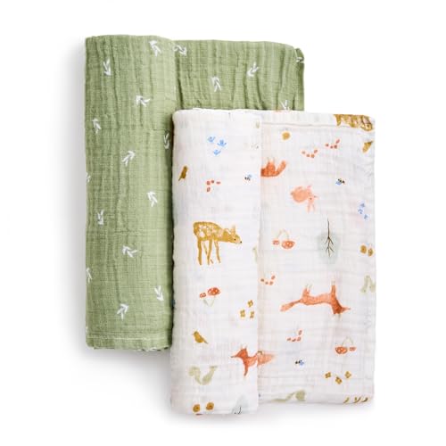 Image of aden + anais Essentials Cotton Muslin Swaddle, Breathable Baby Blanket, Ideal for Boys, Girls, Newborns, Babies & Infants, Receiving Blanket, Soft and Lightweight Wrap, 2 Pack, Sage Woodland