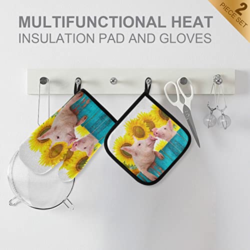 Funny Pig Sunflowers Oven Mitts And Pot Holders Set Spring Teal Fence Hot Pads&Gloves 2Pcs Potholders For Kitchen Cooking Bbq Baking #TOP2