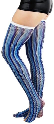 ToBeInStyle Women's Spandex Blue-Orange Mixed Zig Zag Design Thigh Hi Hosiery3