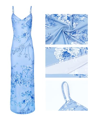 Image of Womens Sexy V Neck Satin Maxi Dresses Spaghetti Strap Floral Print Dresses Slim Fit Elegant Long Dresses Night Party Outfits