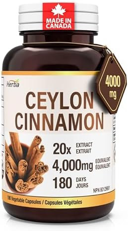 Herba Ceylon Cinnamon Capsules 4000mg - 180 Vegetable Capsules | Powerful 20:1 Extract from Sri Lanka | Equivalent to 4,000mg Dry Ceylon Cinnamon Powder | Made in Canada