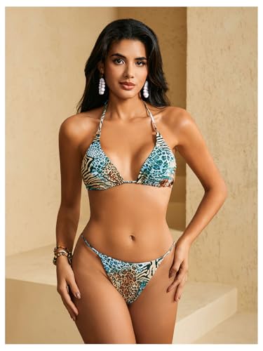 WDIRARA Women's Leopard Zebra Print Bikini Set Halter Tie Side Swimsuit 2 Piece Bathing Suit3