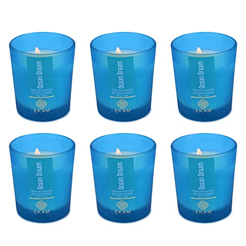 Image of EKAM Ocean Dream Votive Soy Wax Scented Candle, 40 Grams, 10 Hours Burn Time| Long Lasting Premium Candles | Ideal for Home Decor | Gifting & Aromatherapy (Pack of 6)