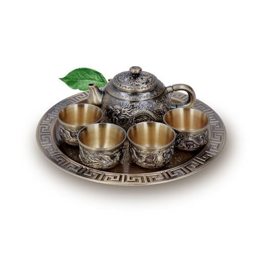 Tetera Vintage Juego De Té De Tótem De Dragón Lujoso Juego De Té Marroquí Con Plato De Tazas Juego De Tazas De Tetera De Metal Exquisito Para Amantes Del Té Decoración De Mesa Para El Hogar