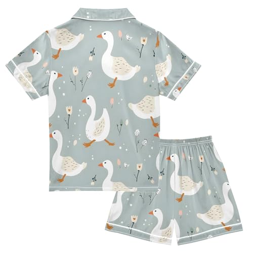 ALAZA White Duck Leaf Blossom Flower Pajamas Satin Pajama Set Short Sleeve Button Down Sleepwear2