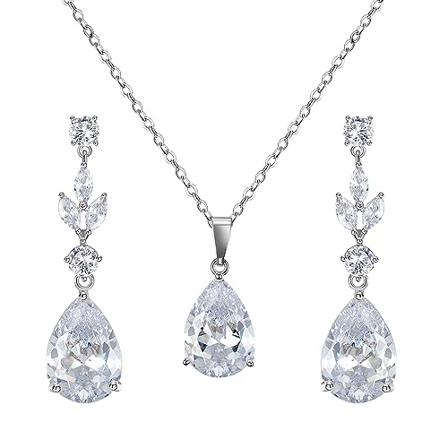 SWEETV Teardrop Wedding Jewelry Sets for Women Brides Bridesmaids, Crystal Bridal Necklace Drop Earrings Set,Prom Costume Bridal Wedding Jewelry