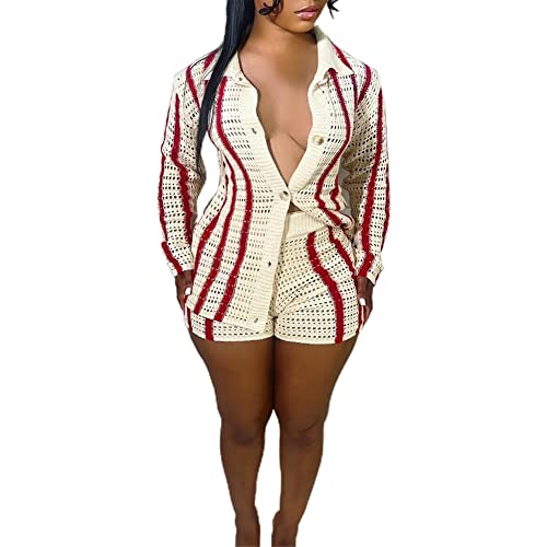 Junboon Womens 2 Piece Striped Outfits Sweater Sets Long Sleeve Cardigan Tops High Waisted Short Suits Casual Pajama Set #TOP1