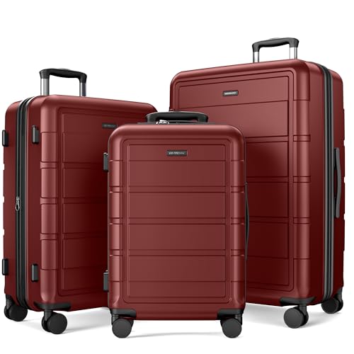 SHOWKOO Luggage Sets 3 Piece Expandable 100% PC Durable Hardshell Suitcase with Wheels TSA Lock Lightweight Wine Red