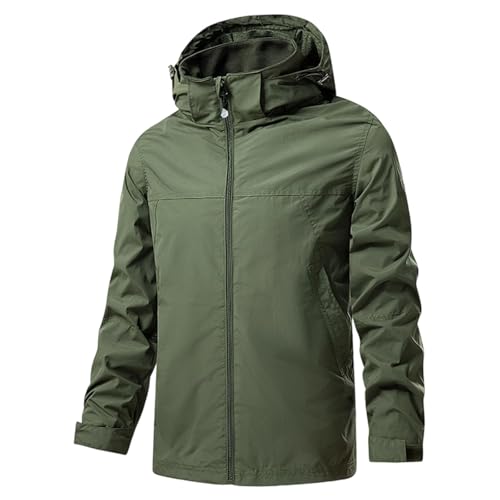 Mens Rain Jacket Waterproof with Hood Casual Solid Outdoor Climb Jackets Fashion Long Sleeve Raincoat with Pocket Army Green X-Large