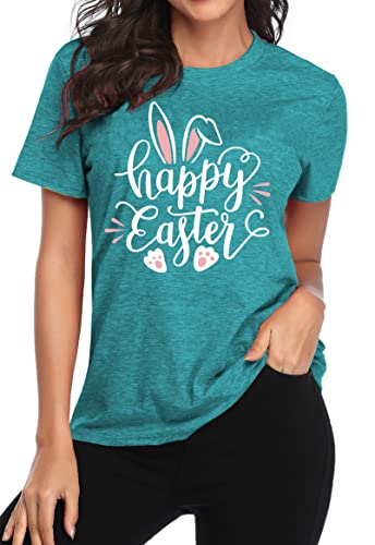 Image of Women Happy Easter T Shirt Bunny Rabbit Graphic T-Shirt Funny Letter Printed Shirts Short Sleeve Tops