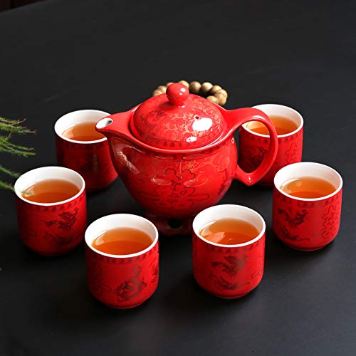 Qwert Chinese Traditional Wedding Teacup, Teacup Set Ceramic Teacup Red Double Happiness With Stainless Steel Filter New Home 1 Teapot 6 Teacup-Red #TOP1