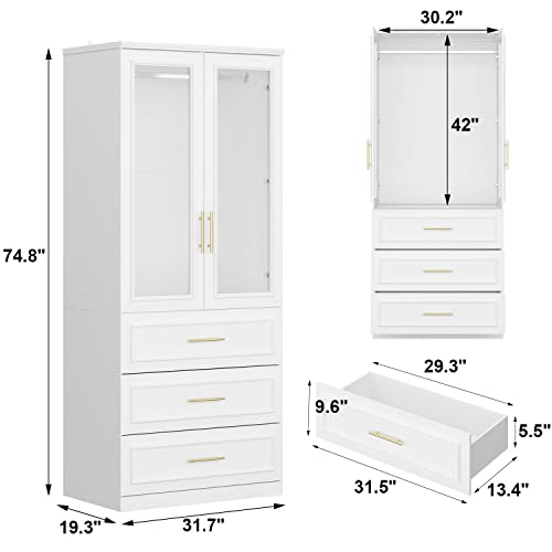 FAMAPY 2 Glass Door Wardrobe with 3 Drawers, Armoire Wardrobe with Hanging Rod, Gold Metal Handles, Closet for Bedroom White (31.7'W x 19.3'D x 74.9'H)