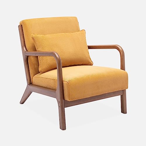 sweeek-Sillón escandinavo de Pana y Madera de hevea Nogal, Lorens Pana, Ocre, 65x80x79 cm