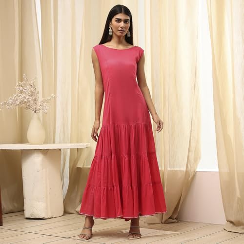 Image of Biba Women's Poly Chanderi 3 /4 Sleeves Calf Length Round Neck A-Line Casual Dress