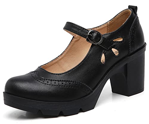 Dadawen Women's Leather Classic Mary Jane Ankle Strap Round Toe Mid Heel Platform Pumps Oxfords Dress Shoes Black Us Size 7 #TOP4