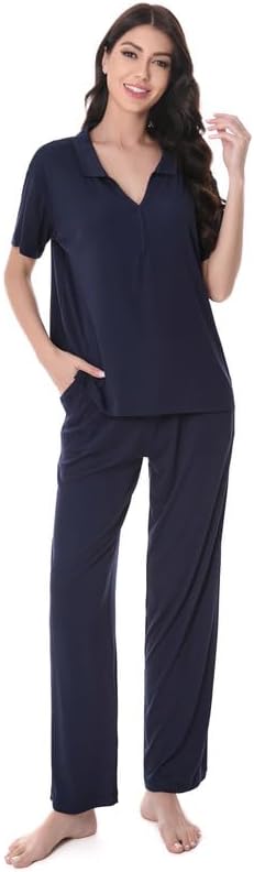 DAVID ARCHY Viscose from Bamboo Pajamas Set for Women Soft Ribbed Knit 2 Piece Lounge Set Cooling Pajamas with V-Neck