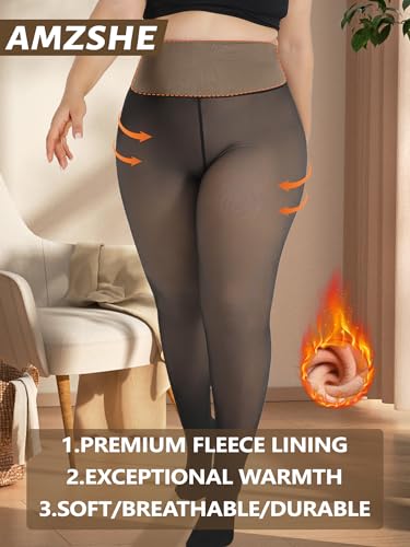 Image of Plus Size Fleece Lined Tights Women, Control Top Thermal Tights for Women, Fake Translucent Winter Warm Tights