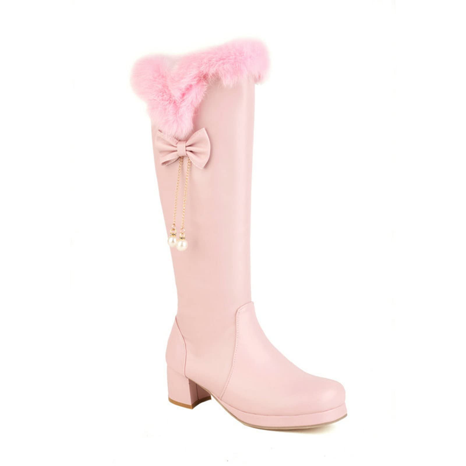 Womens Fashion Knee High Boots Block Heel Round Toe Cute Furry Warm Winter Boots with Bow
