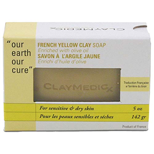 French Yellow Clay Bar Soap By CLAYMEDICX - Infused with Olive Oil - Gently Exfoliate, Stimulate Circulation - All Natural, Moisturizing & Hydrating - Fixes Dry, Sensitive & Irritated Skin - 5 OZ