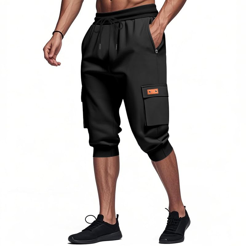 Mens Casual Fashion Capri Pants Summer Hip-Hop Solid Color Drawstring Waisted Sweatpants with Zipped Pockets