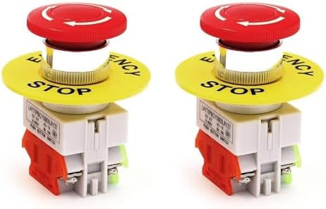 RuoFeng 22mm Emergency Stop Push Button Switch Red Mushroom Cap E-Stop Push Button Switch with 60mm Emergency Stop Sign 1NO 1NC DPST AC 660V 10A Self Lock (2PCS)