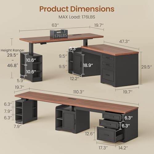SEDETA Farmhouse L Shaped Electric Standing Desk, 63 x 67 Height Adjustable Office Executive Desk with Drawers and Shelves, Standing Computer Desks with Power Outlet for Home Office, Black+Brown