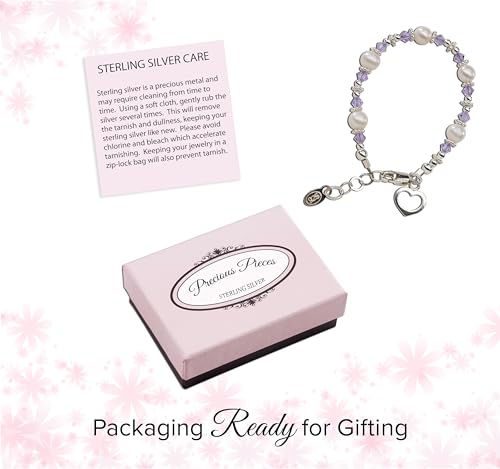 Precious Pieces Girls Sterling Silver Cultured Pearl Bracelet with Lavender High-End Crystals and Heart Charm4