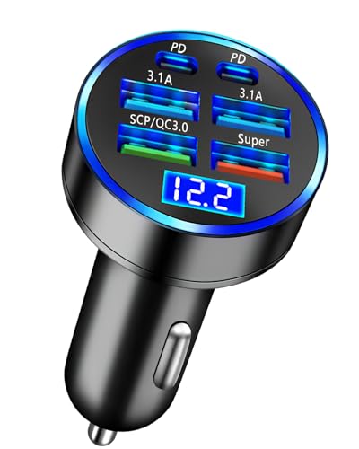 66W Cargador Coche Carga Rápida USB C, 6 Puertos QC 3.0 Cargador Movil Coche 2 PD + 4 USB A, Cargador Mechero Coche para iPhone 16 15 iPad Samsung Galaxy A55 A35 A15 Huawei Xiaomi