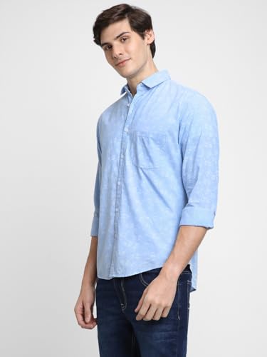 Image of Dennis Lingo Men's Cotton Blue Printed Slim Fit Button-Down Full Sleeves Casual Shirt
