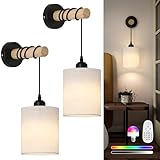 DESGNT Battery Operated Wall Sconces Set of 2,Rechargeable Wireless Wall Lights with RGB & Dimmable Remote, No Wiring Renter Friendly, Modern Wood & Linen Wall Lamps for Bedroom Bedside Living Room.