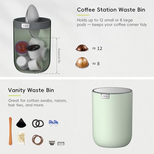 Image of EKO Fandy 0.4 Gal /1.5L Mini Tabletop Trash Bin with Swing-Lid, Desktop Trash Can for Bathroom Countertop, Vanity, Coffee or Office, Small Garbage Bin (Sage), 1.5 Liters (Pack of 12)
