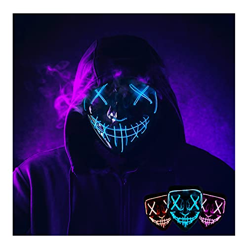 Onsucum Halloween Mask LED Light Up Scary Masquerade Costume Mask Glowing in The Dark for Halloween Cosplay Festival Party, Blue