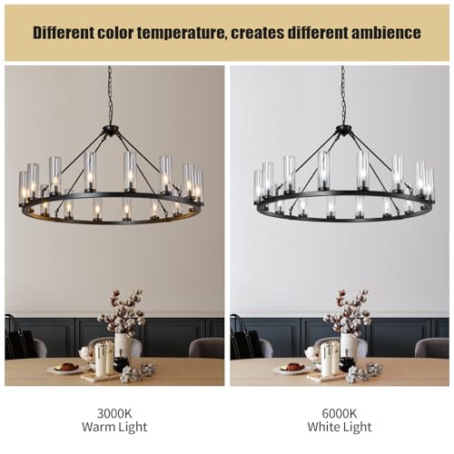 Image of 16 Light Large Wagon Wheel Chandelier with Clear Glass Shade Black Round Pendant Light Farmhouse Industrial Chandeliers Dining Room Light Fixture for Stair Living Room Foyer Kitchen
