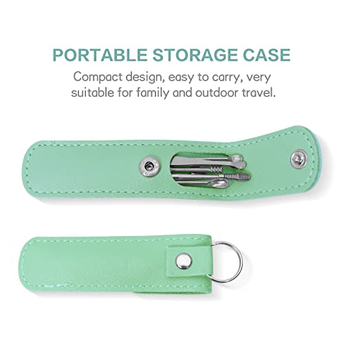 Earwax Removal Kit, 6Pcs Innovative Spring Earwax Cleaner Tool Set - Spiral Design Stainless Steel Ear Picks Cleaning Spoon with PU Leather(Green) - Thumbnail 6